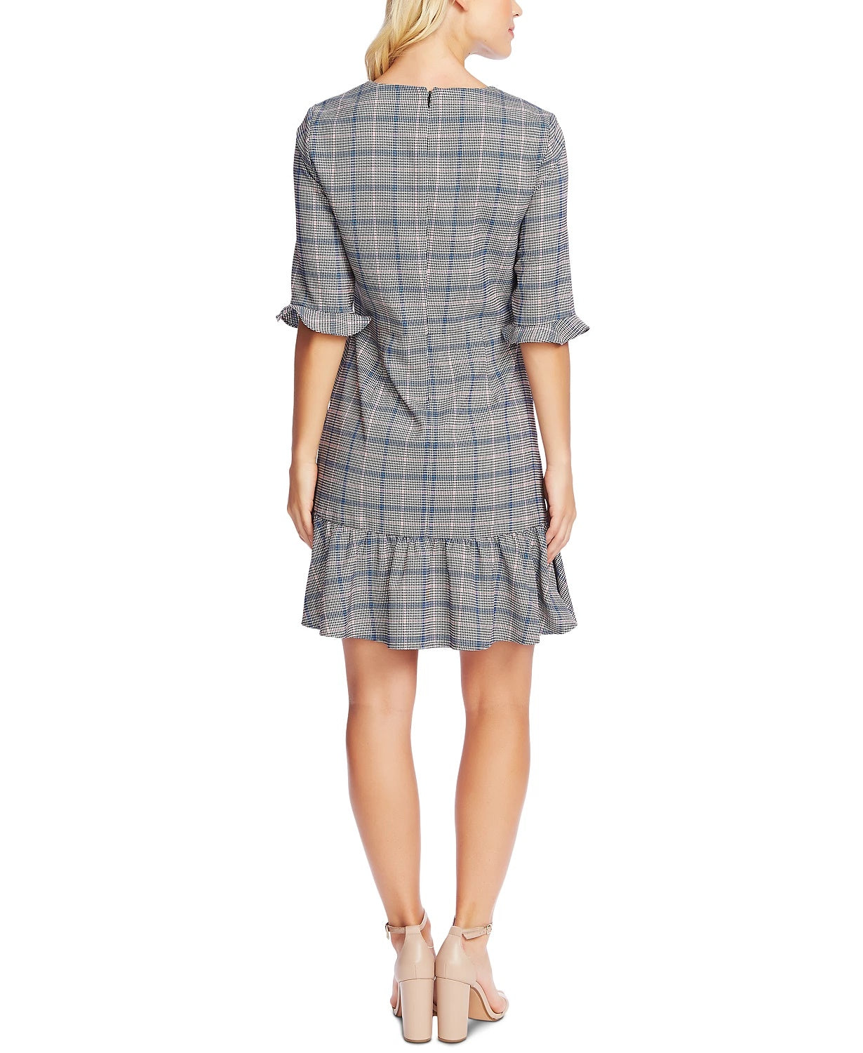 Vestido xadrez feminino CeCe com decote em V e babados, cinza, tamanho 10