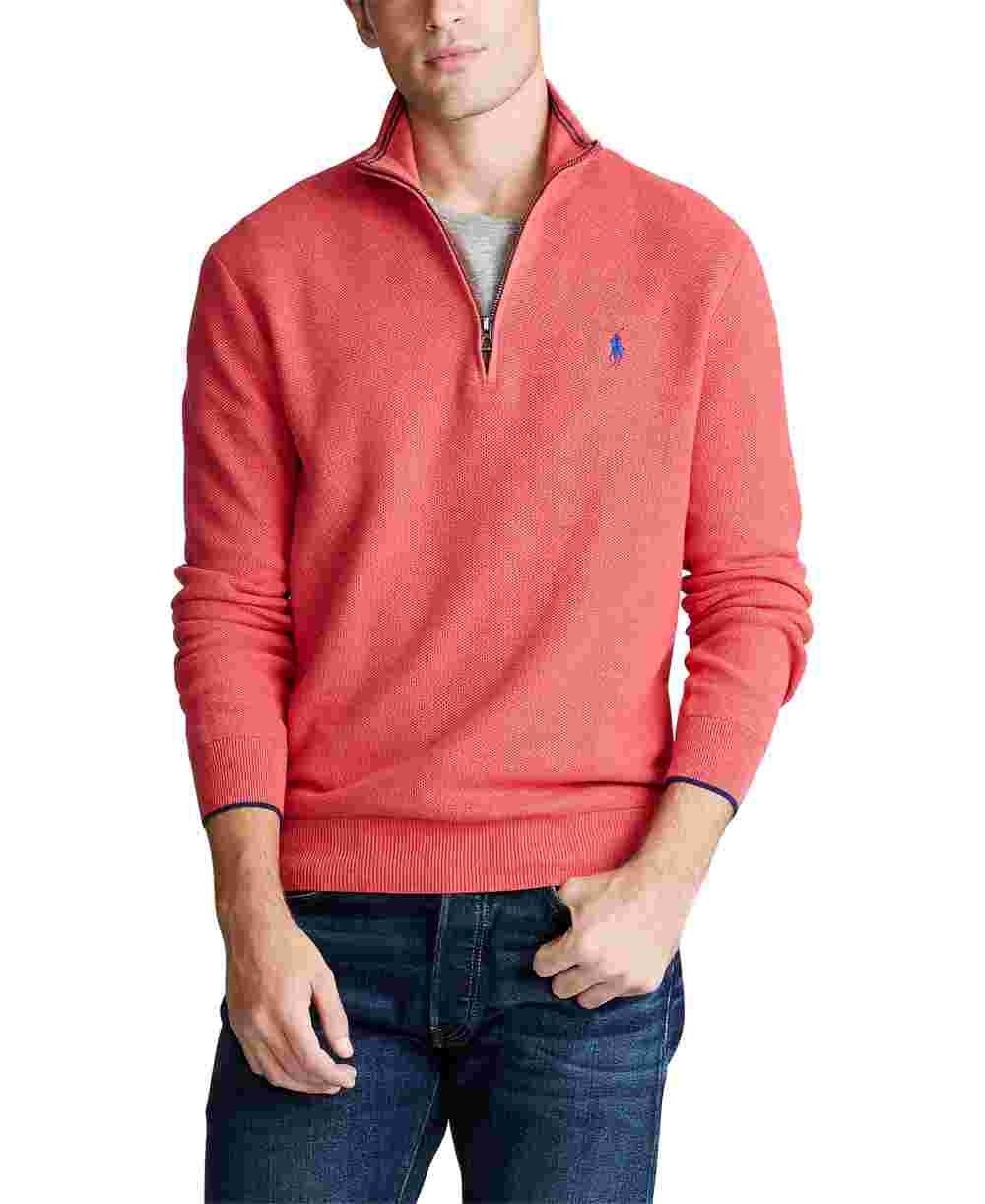 Jaqueta Ralph Lauren Masculina de Algodão com Acabamento Contrastado e Zíper 1/4 Vermelho Brilhante Tamanho P