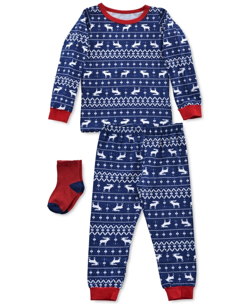 Conjunto de pijama e meias com estampa de rena para bebês e crianças pequenas Max &amp; Olivia, tamanho 3T, azul marinho