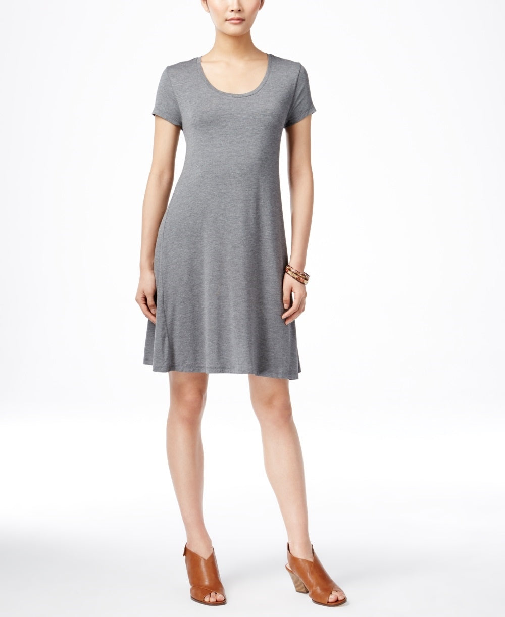 Vestido feminino estilo &amp; co, manga curta, corte A, cinza, tamanho X-S