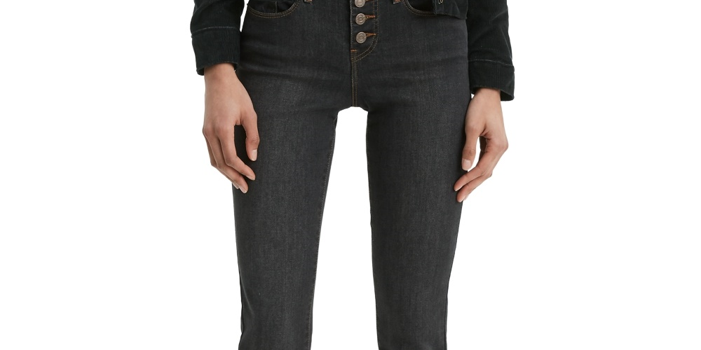 Calça jeans reta Levi's Classic com botões frontais, feminina, preta, tamanho 10