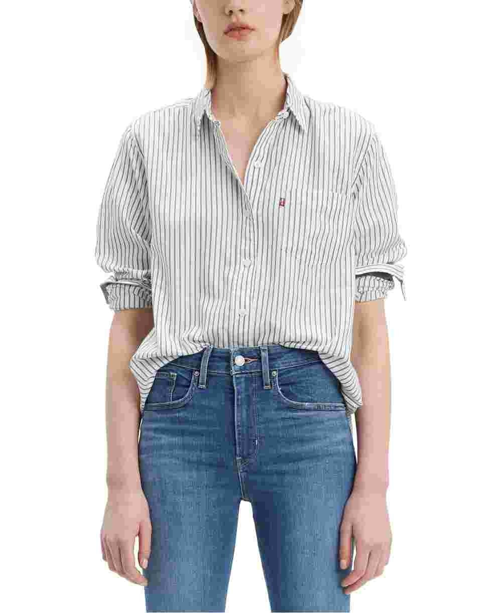 Camisa feminina Levi's listrada de algodão com dois botões, azul-marinho, tamanho grande