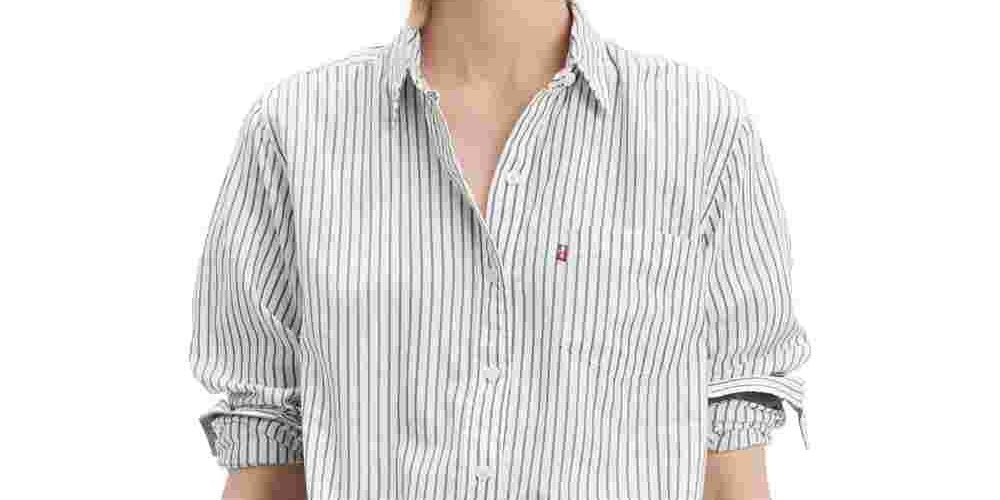 Camisa feminina Levi's listrada de algodão com dois botões, azul-marinho, tamanho grande