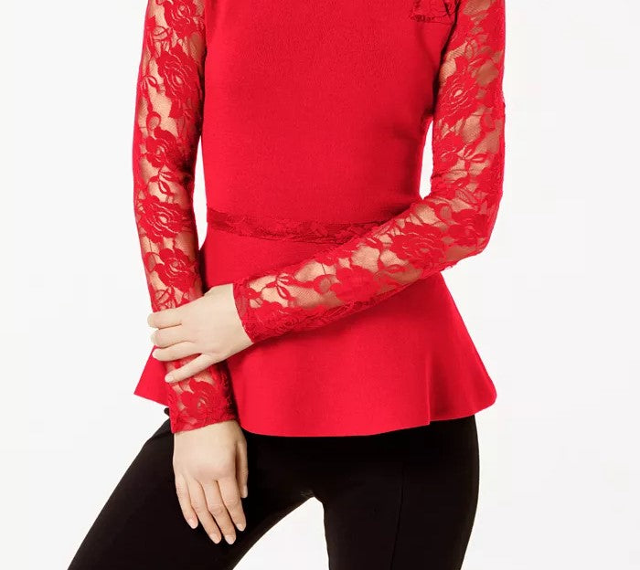 Top peplum de renda feminino pequeno INC International Concepts, vermelho, tamanho médio