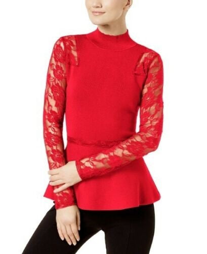INC International Concepts Top feminino plus size com mangas de renda e gola alta, peplum, vermelho, tamanho 0X