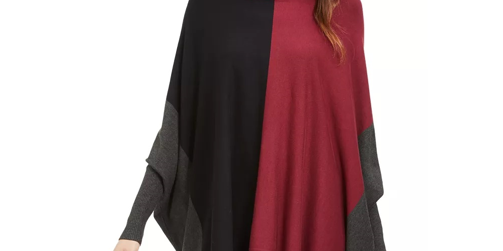 Alfani Suéter Poncho Feminino Petite Gola Alta Colorblock Vermelho Escuro Tamanho Médio