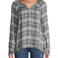 Blusa feminina xadrez manga comprida com botões Lucky Brand, preta, tamanho X-G