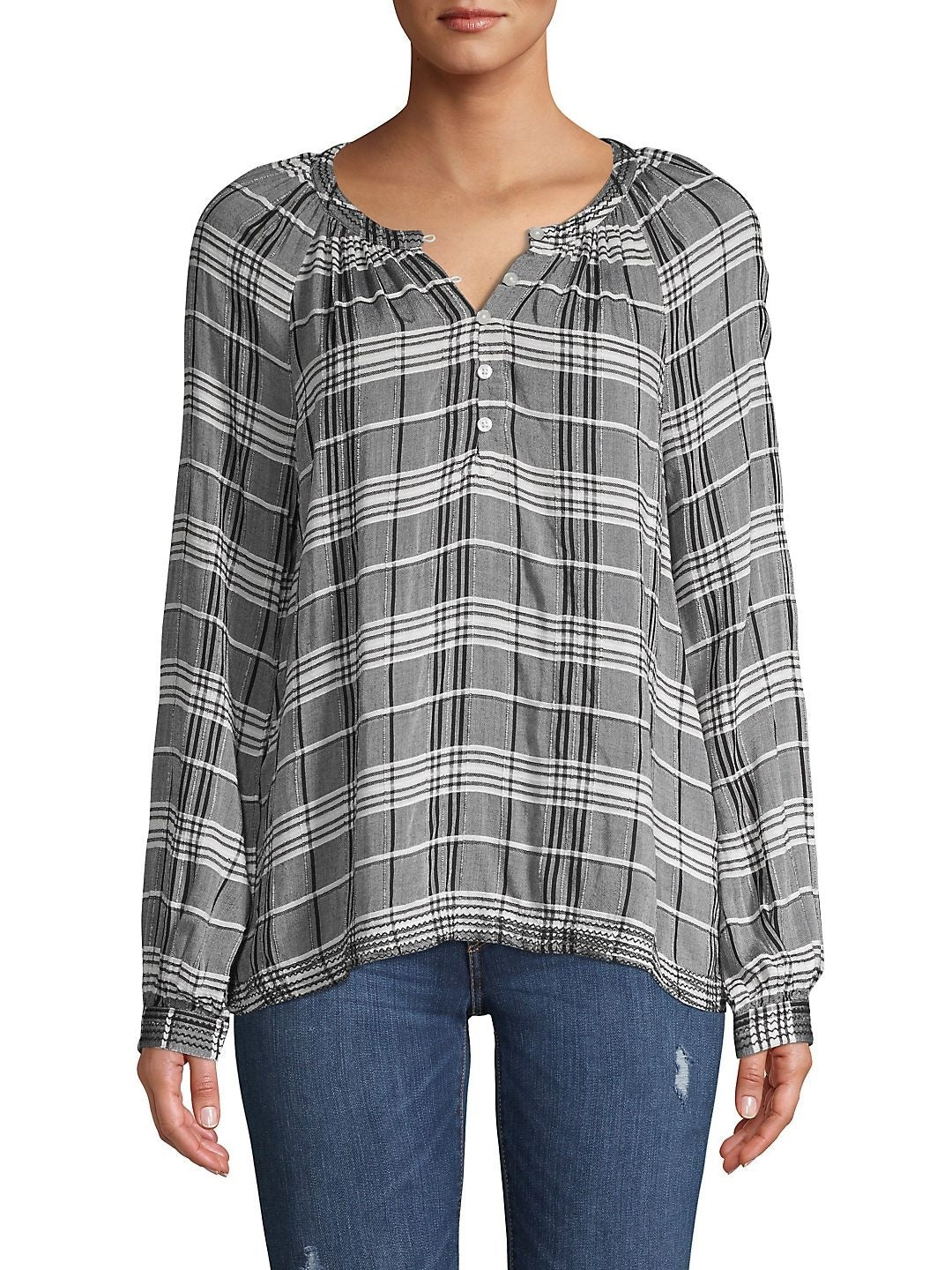 Blusa feminina xadrez manga comprida com botões Lucky Brand, preta, tamanho X-G