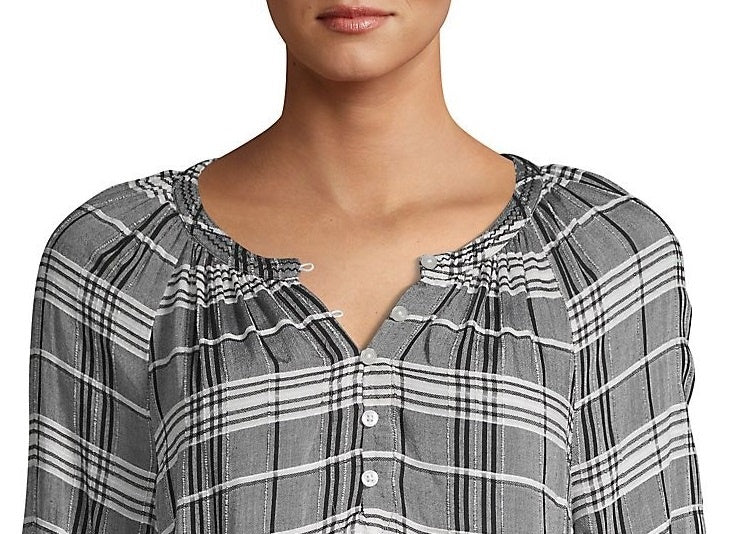 Blusa feminina xadrez manga comprida com botões Lucky Brand, preta, tamanho X-G