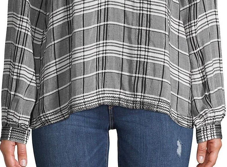 Blusa feminina xadrez manga comprida com botões Lucky Brand, preta, tamanho X-G
