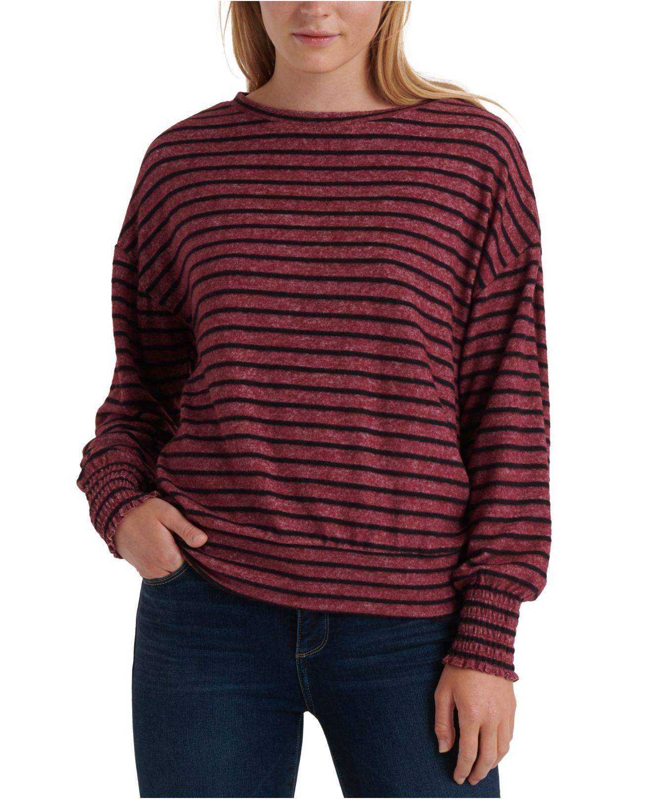 Moletom feminino listrado com punho franzido Lucky Brand, vermelho, tamanho pequeno