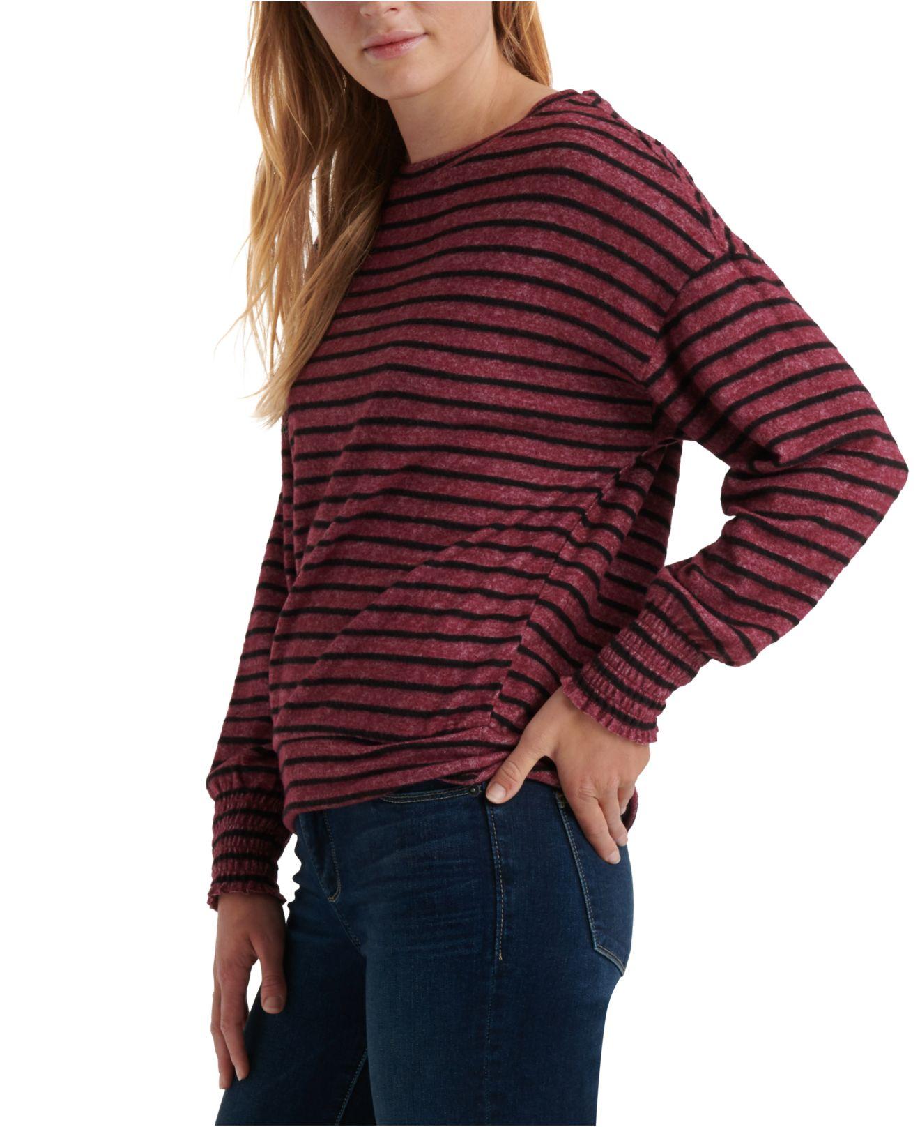Moletom feminino listrado com punho franzido Lucky Brand, vermelho, tamanho pequeno