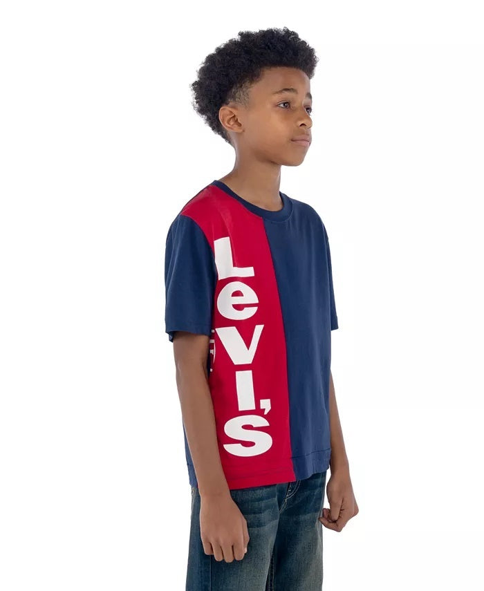 Camiseta Levi's Little Boy's Colorblocked com logotipo vertical, azul, tamanho 4