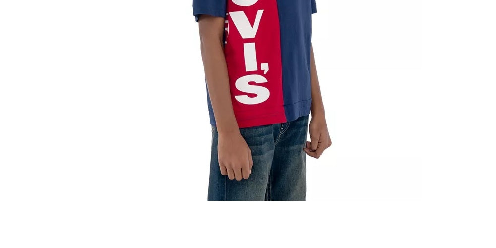 Camiseta Levi's Little Boy's Colorblocked com logotipo vertical, azul, tamanho 4