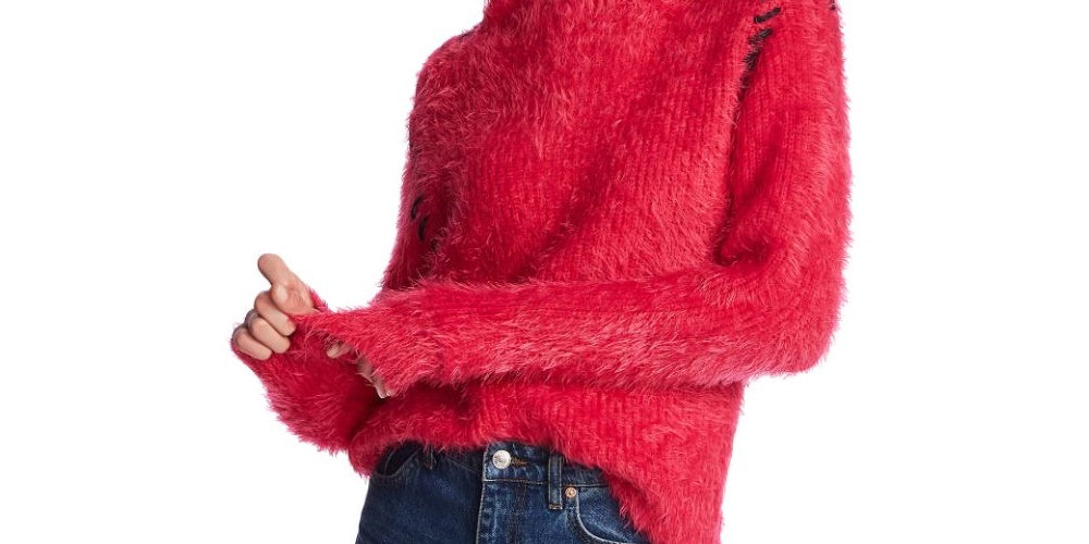 1.STATE Suéter feminino com franjas de cílios e gola alta rosa