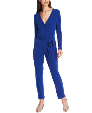 1STATE Womens Belted Long Sleeve Jersey Jumpsuit Blue Size Medium