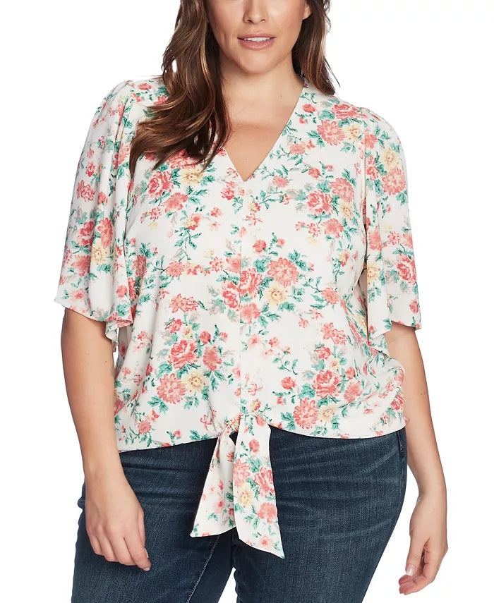 1.STATE Top feminino moderno com estampa floral e amarração frontal marrom