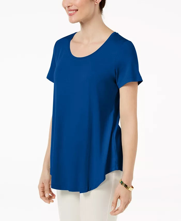 Top feminino com decote redondo JM Collection, azul, tamanho médio