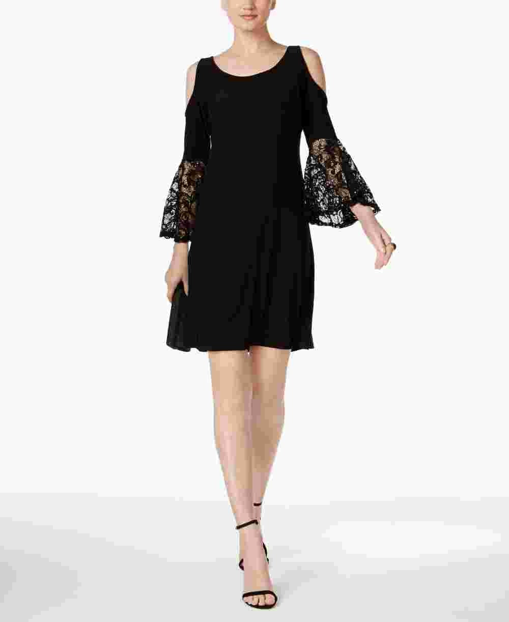 Vestido de coquetel feminino R&amp;M Richards, preto, com ombro de fora, renda, manga sino, decote redondo, acima do joelho, tamanho 12, pequeno
