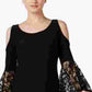 Vestido de coquetel feminino R&amp;M Richards, preto, com ombro de fora, renda, manga sino, decote redondo, acima do joelho, tamanho 12, pequeno