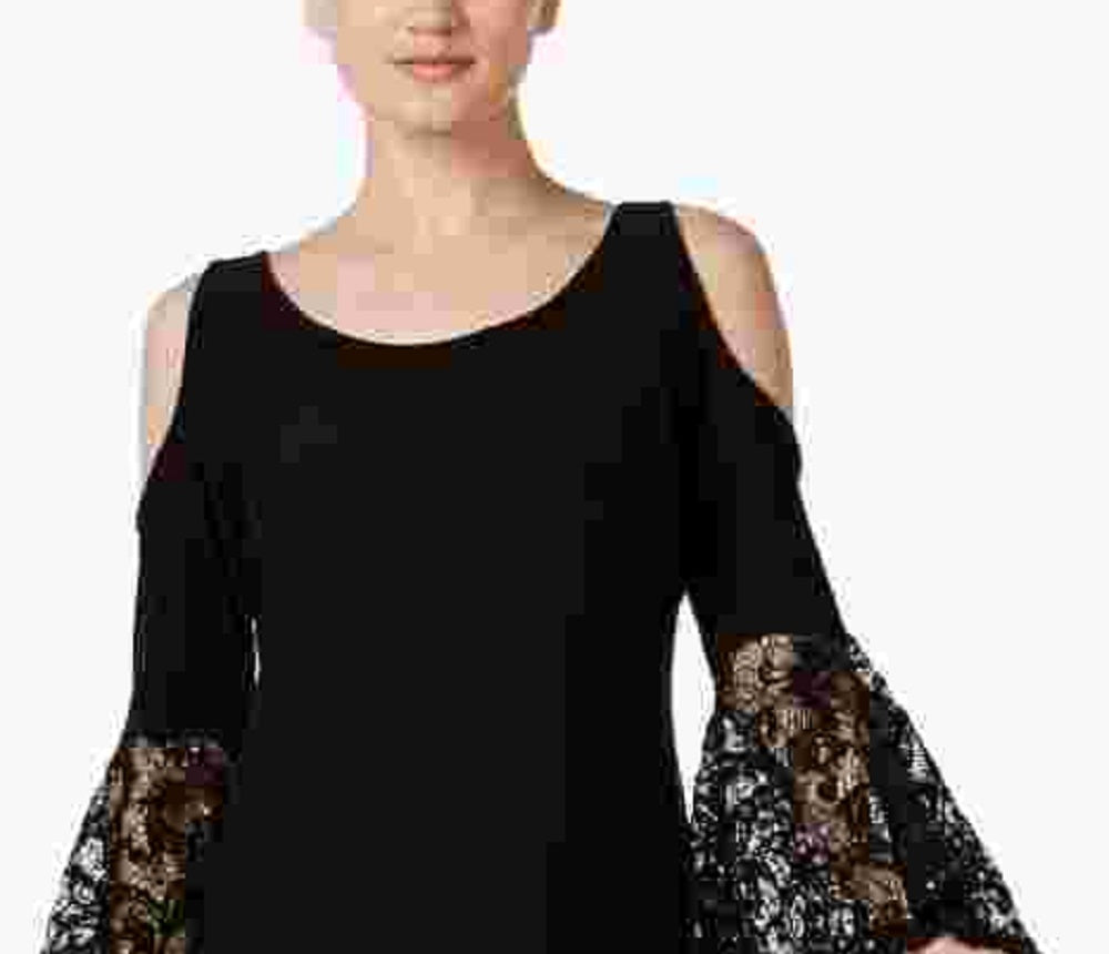 Vestido de coquetel feminino R&amp;M Richards, preto, com ombro de fora, renda, manga sino, decote redondo, acima do joelho, tamanho 12, pequeno