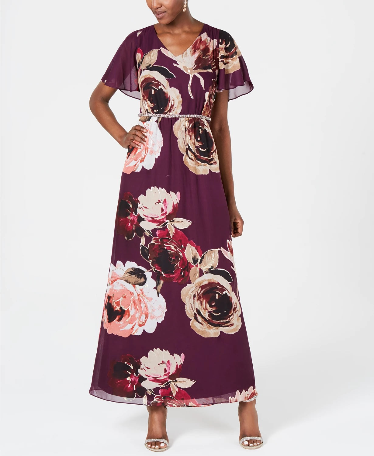 Vestido longo feminino SL Fashions com estampa floral e detalhes em roxo, tamanho 14