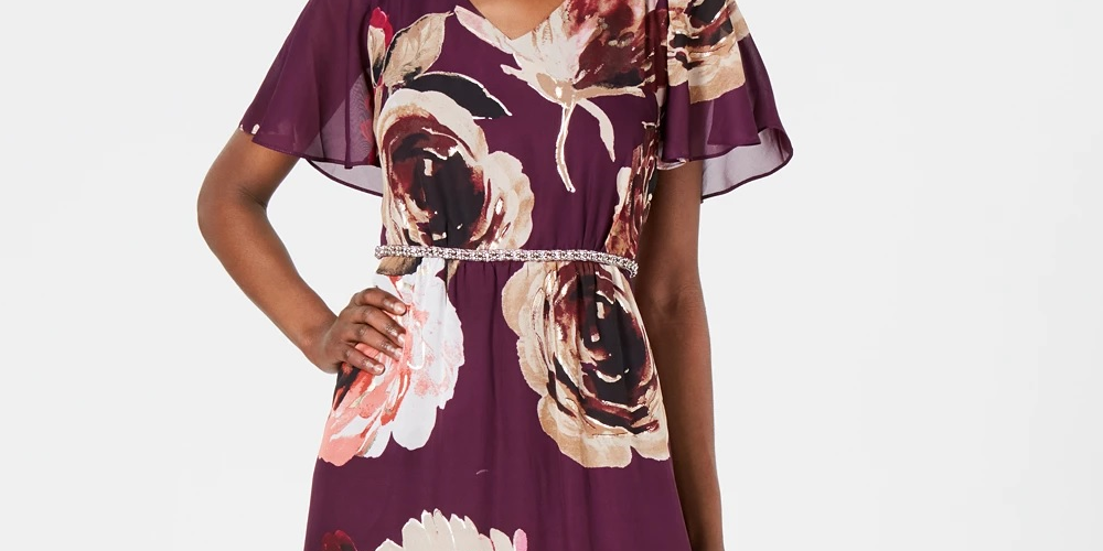 Vestido longo feminino SL Fashions com estampa floral e detalhes em roxo, tamanho 14