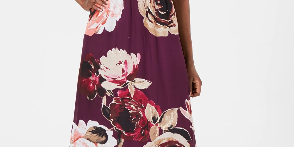 Vestido longo feminino SL Fashions com estampa floral e detalhes em roxo, tamanho 14
