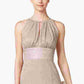 Vestido feminino R &amp; M Richards com decote halter e decote em V, tamanho 12, dourado