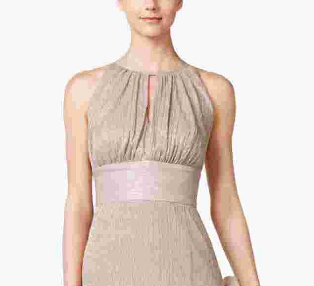 Vestido feminino R &amp; M Richards com decote halter e decote em V, tamanho 12, dourado