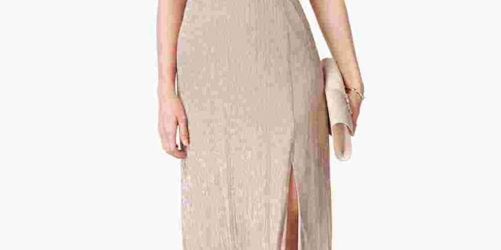 Vestido feminino R &amp; M Richards com decote halter e decote em V, tamanho 12, dourado