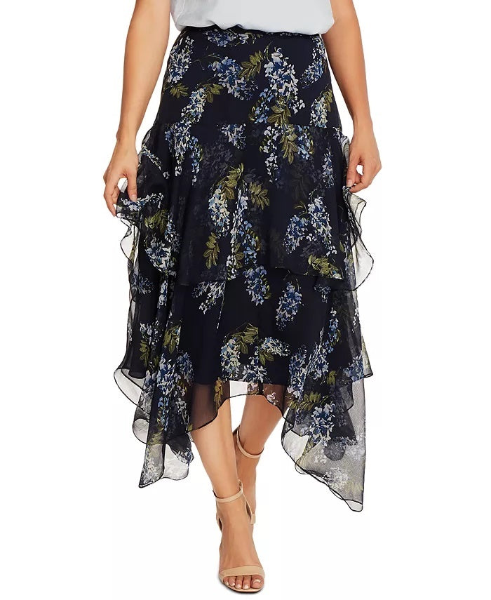Saia feminina Vince Camuto Petite Floral-Print Assimétrica Azul Tamanho 14 P