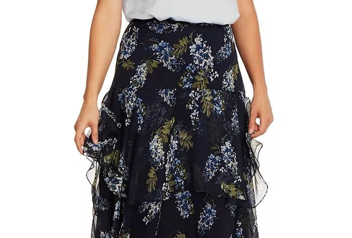 Saia feminina Vince Camuto Petite Floral-Print Assimétrica Azul Tamanho 14 P