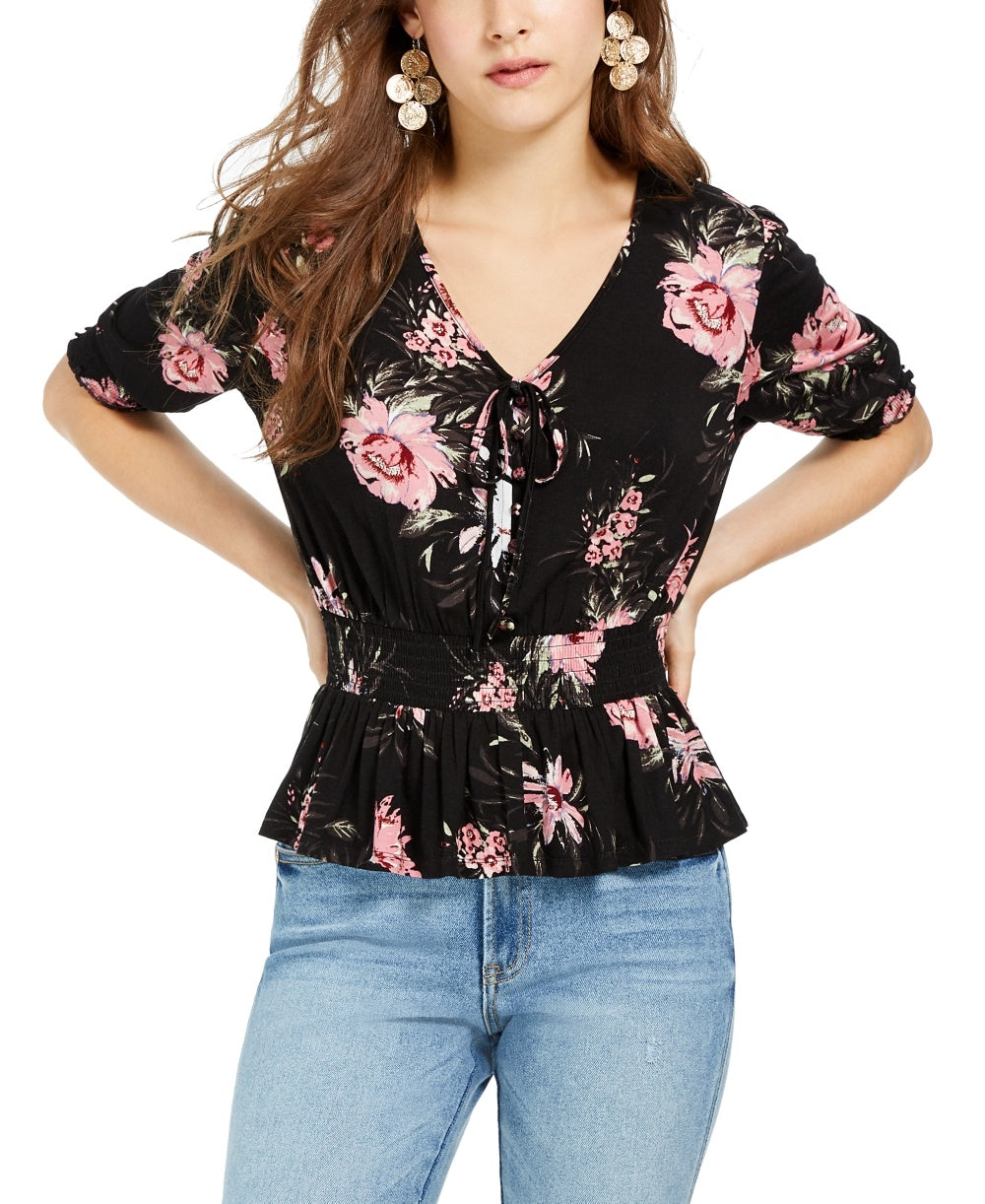Top peplum estampado com cintura franzida e babados da American Rag Juniors, preto, tamanho X-S