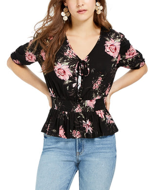 American Rag Juniors'' Printed Smocked-Waist Peplum Top Black Size X-Small