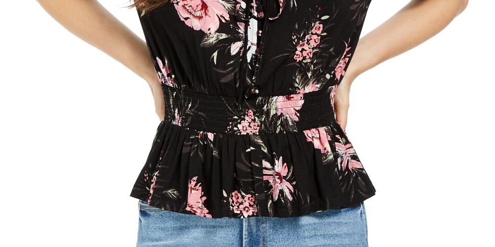 Top peplum estampado com cintura franzida e babados da American Rag Juniors, preto, tamanho X-S