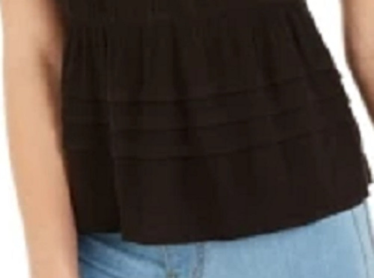 Top American Rag Junior com mangas esvoaçantes e acabamento em renda, preto, tamanho pequeno