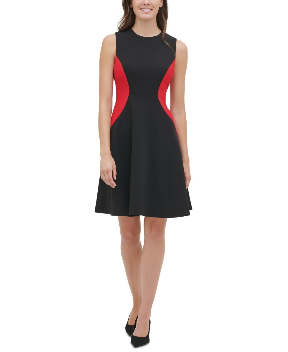 Vestido feminino Tommy Hilfiger com blocos de cores e ajuste evasê, preto, tamanho 14