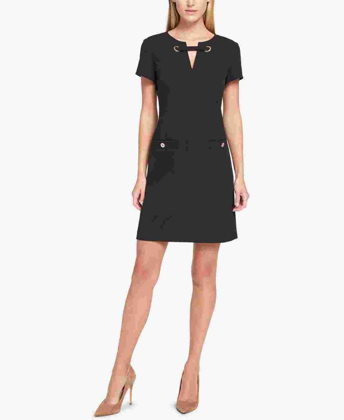 Vestido Tommy Hilfiger Scuba Crepe com Bolso e Grommet, Feminino, Preto, Tamanho 12