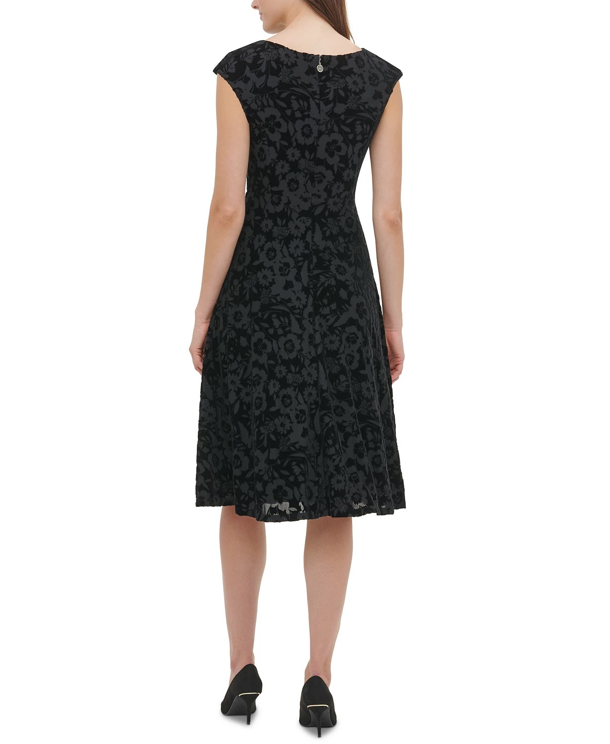 Vestido Tommy Hilfiger Feminino de Veludo com Mangas Curtas, Preto, Tamanho 10