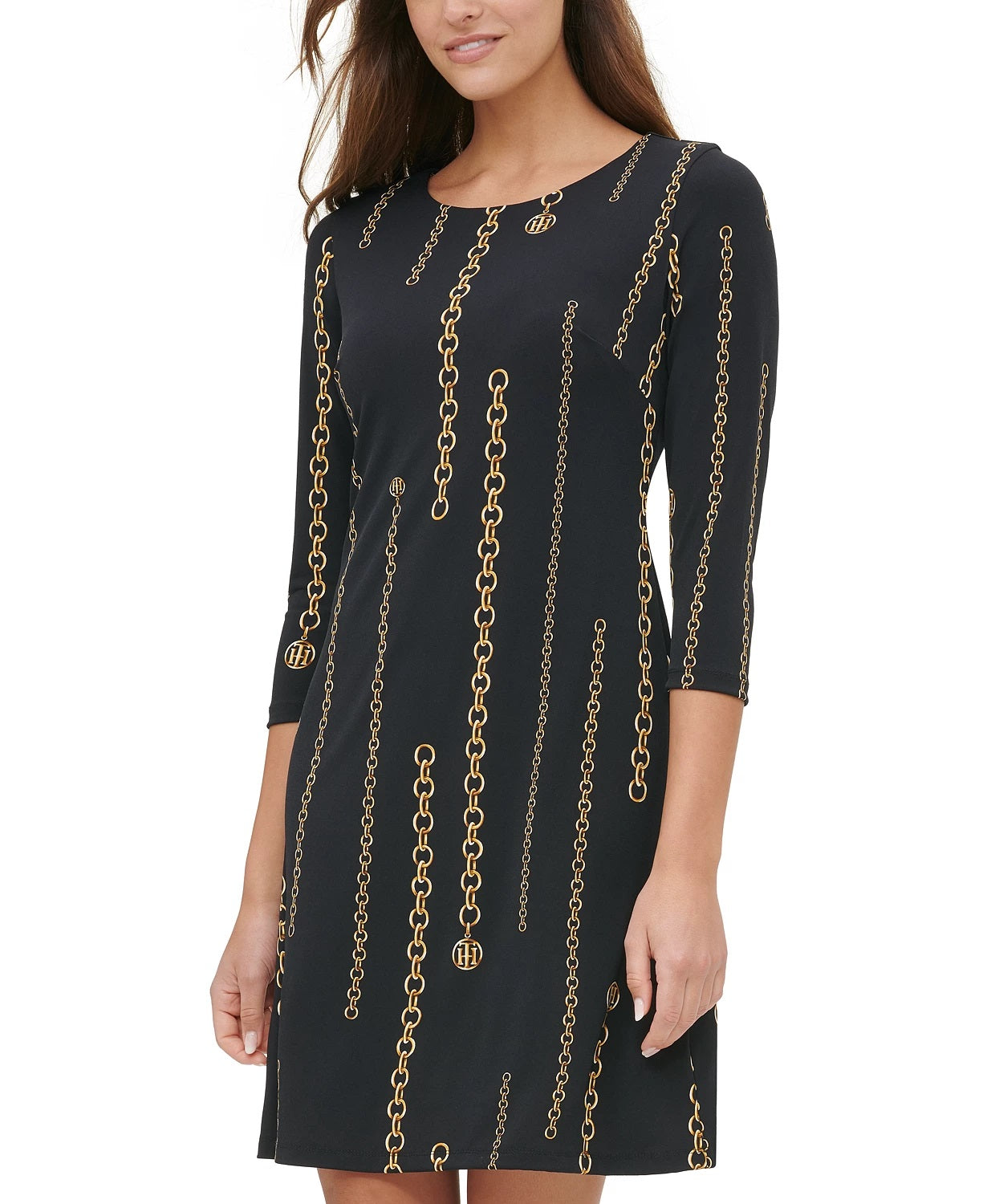 Vestido de malha com estampa de corrente Tommy Hilfiger feminino, cinza, tamanho 14