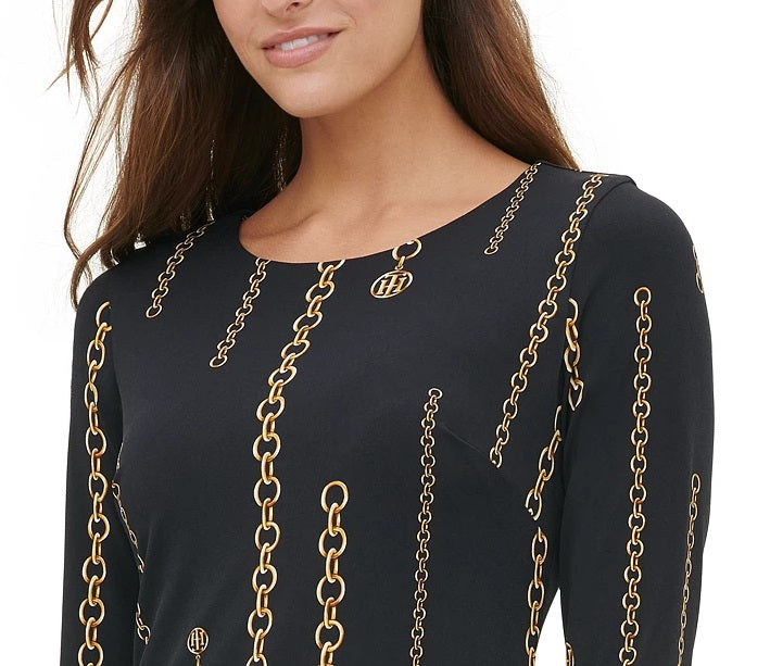 Vestido de malha com estampa de corrente Tommy Hilfiger feminino, cinza, tamanho 14