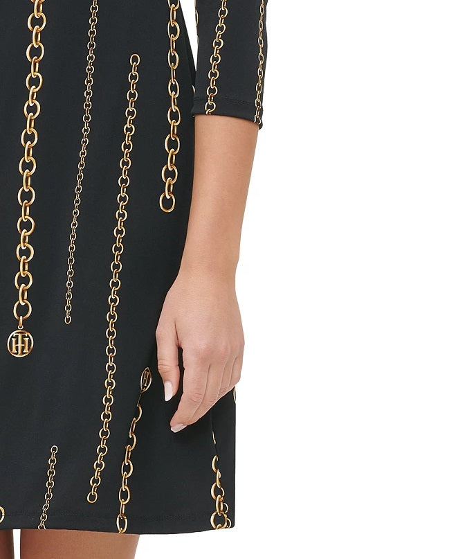 Vestido de malha com estampa de corrente Tommy Hilfiger feminino, cinza, tamanho 14