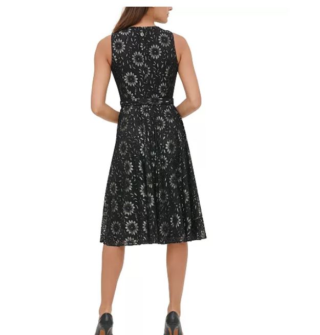 Vestido feminino Tommy Hilfiger com corte evasê e renda floral, cinza, tamanho 18