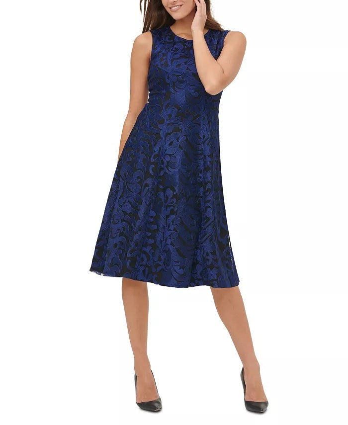Vestido feminino Tommy Hilfiger bordado com ajuste e abertura frontal, azul, tamanho 10