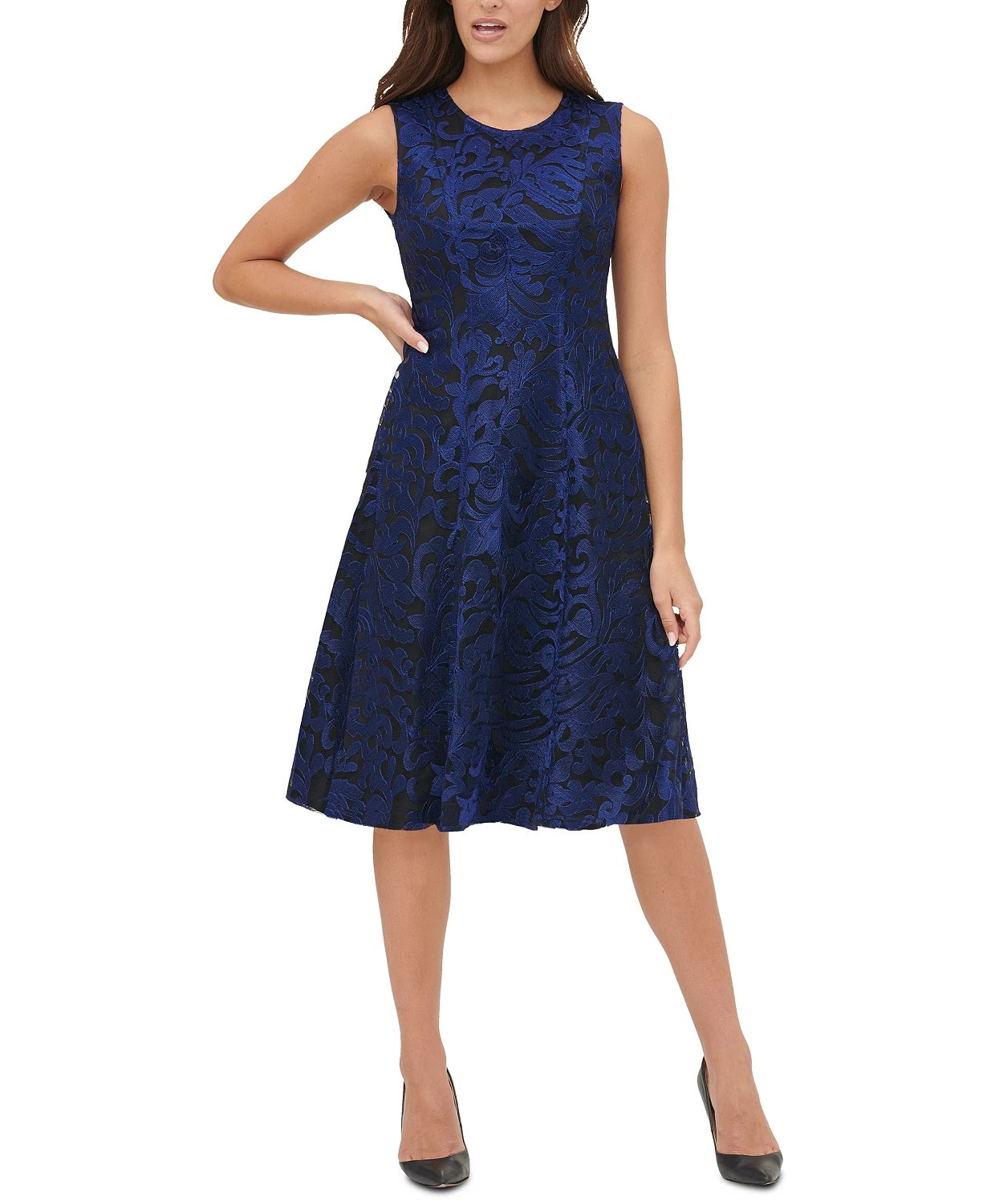 Vestido feminino Tommy Hilfiger bordado com ajuste e abertura frontal, azul, tamanho 10