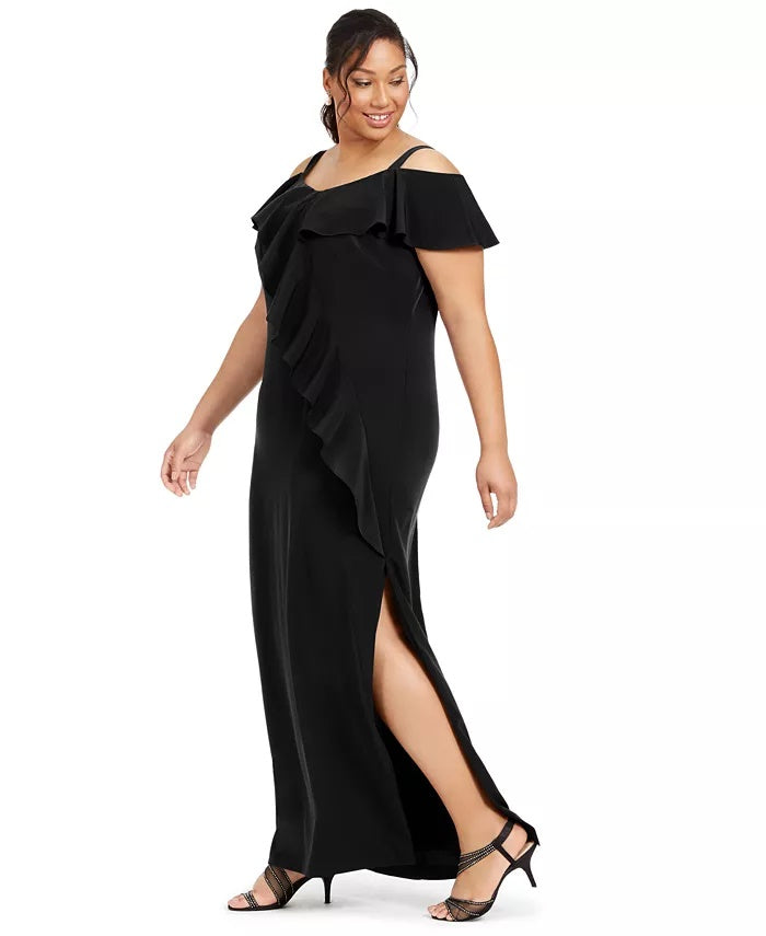 Vestido feminino plus size com babados e ombros descobertos, preto, tamanho 18, da Adrianna Papell