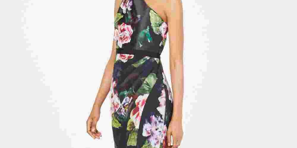 Vestido feminino Adrianna Papell com estampa floral e um ombro só, preto, floral, tamanho 12