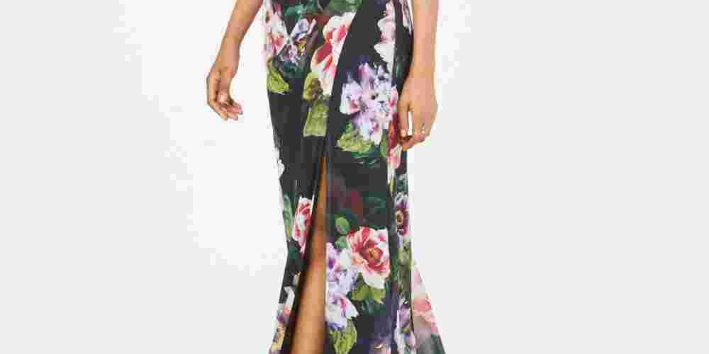 Vestido feminino Adrianna Papell com estampa floral e um ombro só, preto, floral, tamanho 12