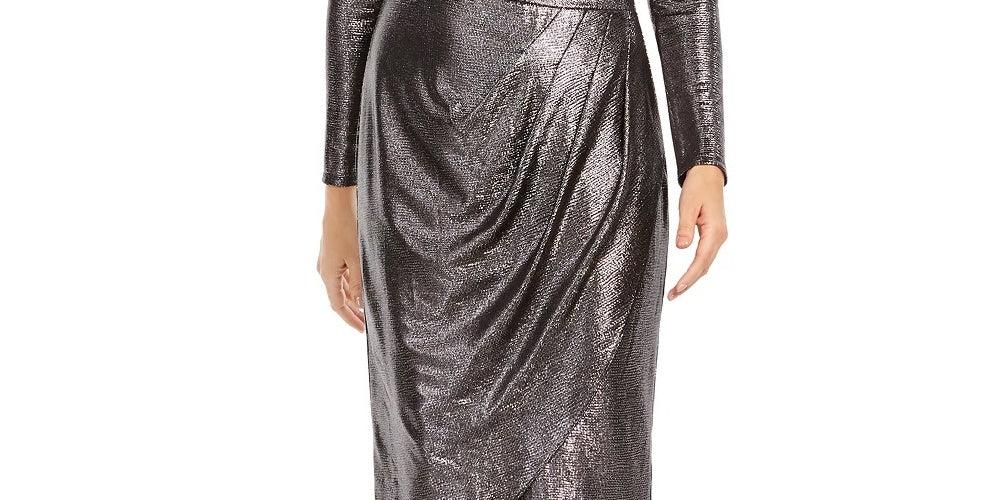 Adrianna Papell Vestido de coquetel feminino com manga comprida, decote em V, midi, tulipa, cinza, tamanho 8